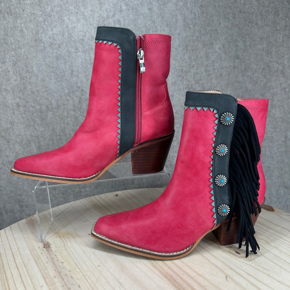 ARider Ankle Boots Womens Size 7 Red Fringe Concho Studded Western Bootie